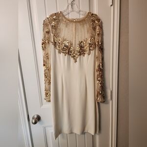 Oleg Cassini Gold and Cream Long Sleeve Dress